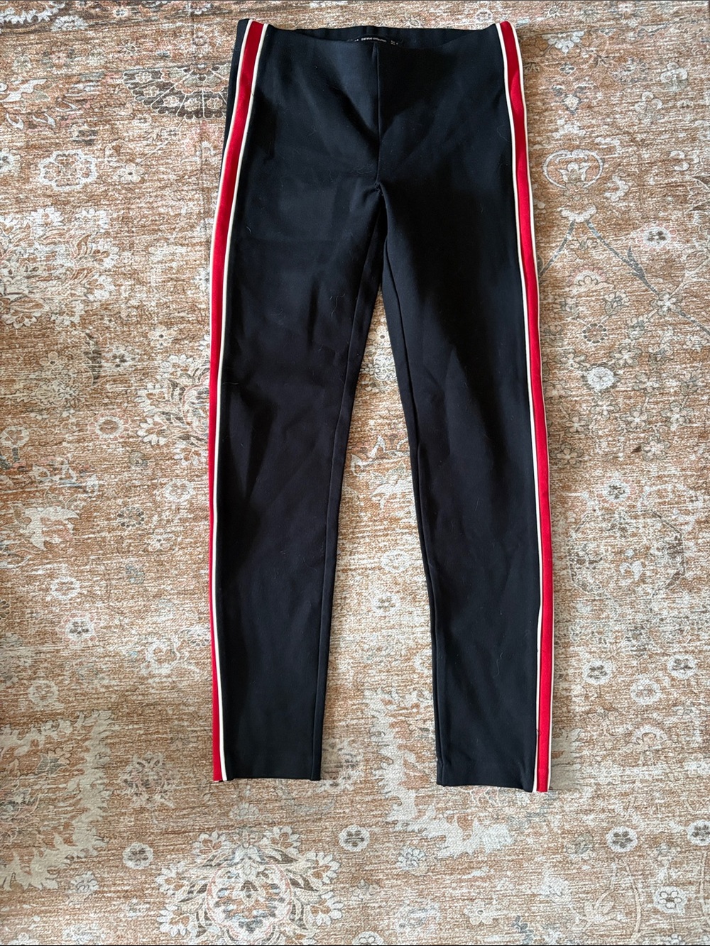 Zara Black Skinny Pants with Red and White Side Stripes